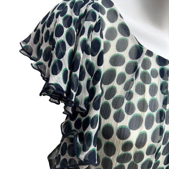 BCBGMaxAzria NWT Ruffle Sleeve Crew Neck Midi Polka Dot Dress Navy/Green Size L - Picture 3 of 12